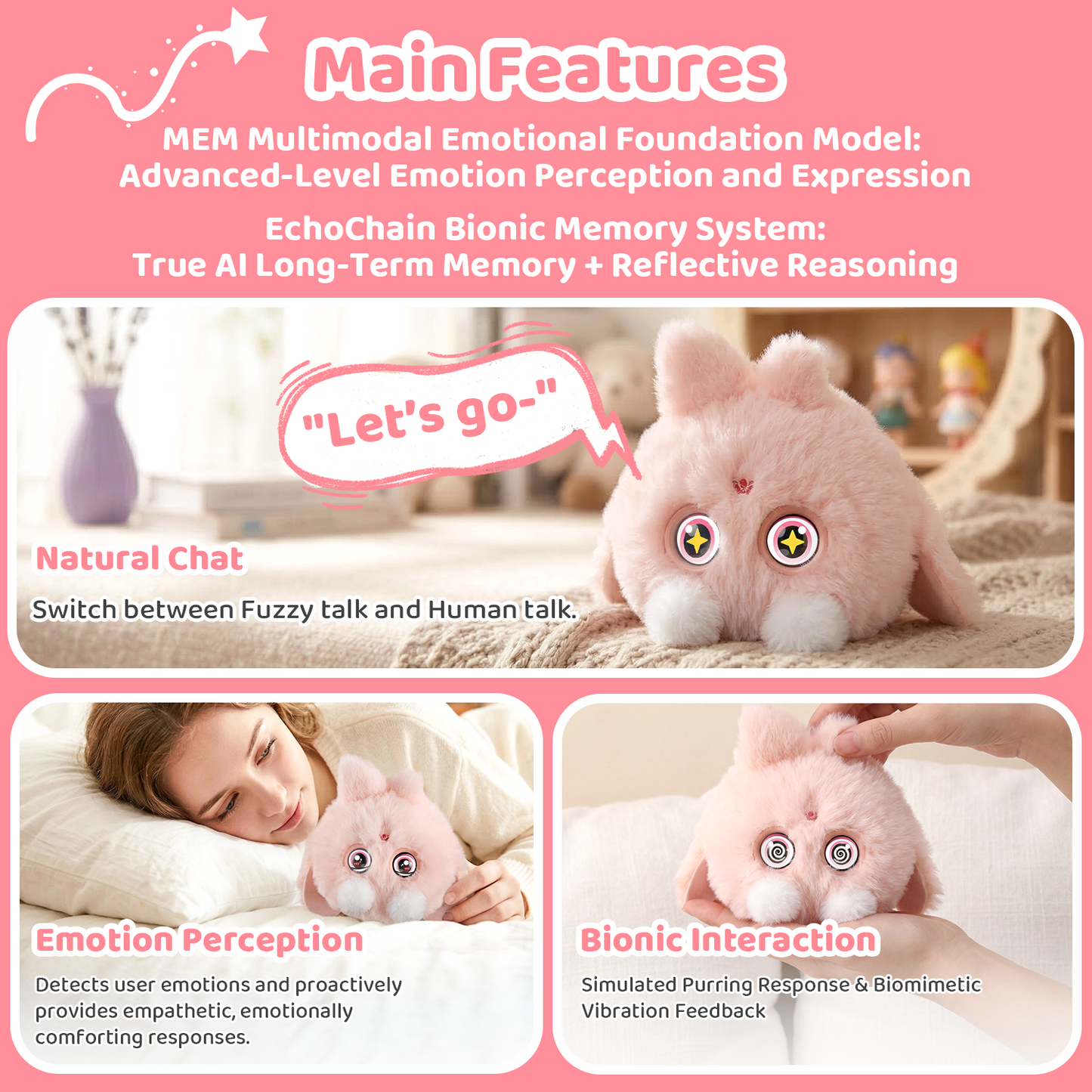 OKIVIVI Cute AI Plush Toy,Small Stuffed Animals,AI Companion Pets, Interactive Talking Stuffed Animal Bag Charm with Voice Chat, Touch-Reactive Feedback, Gift for Teen Girls & Women,Your First AI Bestie,Pink