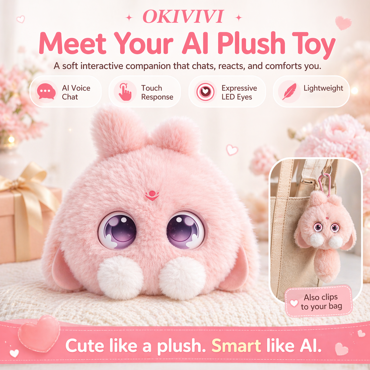 OKIVIVI Cute AI Plush Toy,Small Stuffed Animals,AI Companion Pets, Interactive Talking Stuffed Animal Bag Charm with Voice Chat, Touch-Reactive Feedback, Gift for Teen Girls & Women,Your First AI Bestie,Pink